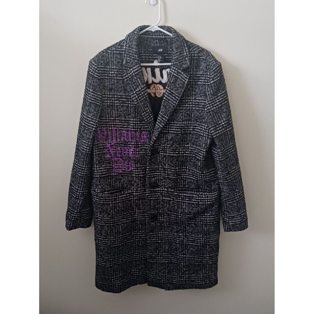 H&M Womens Wool Blend‎ Plaid Coat Button Front Black White Size 42R